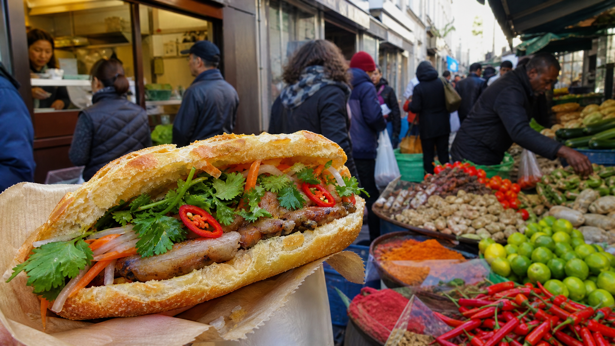A busy Belleville market scene in Paris with herbs, spices, shoppers, and a Vietnamese banh mi sandwich