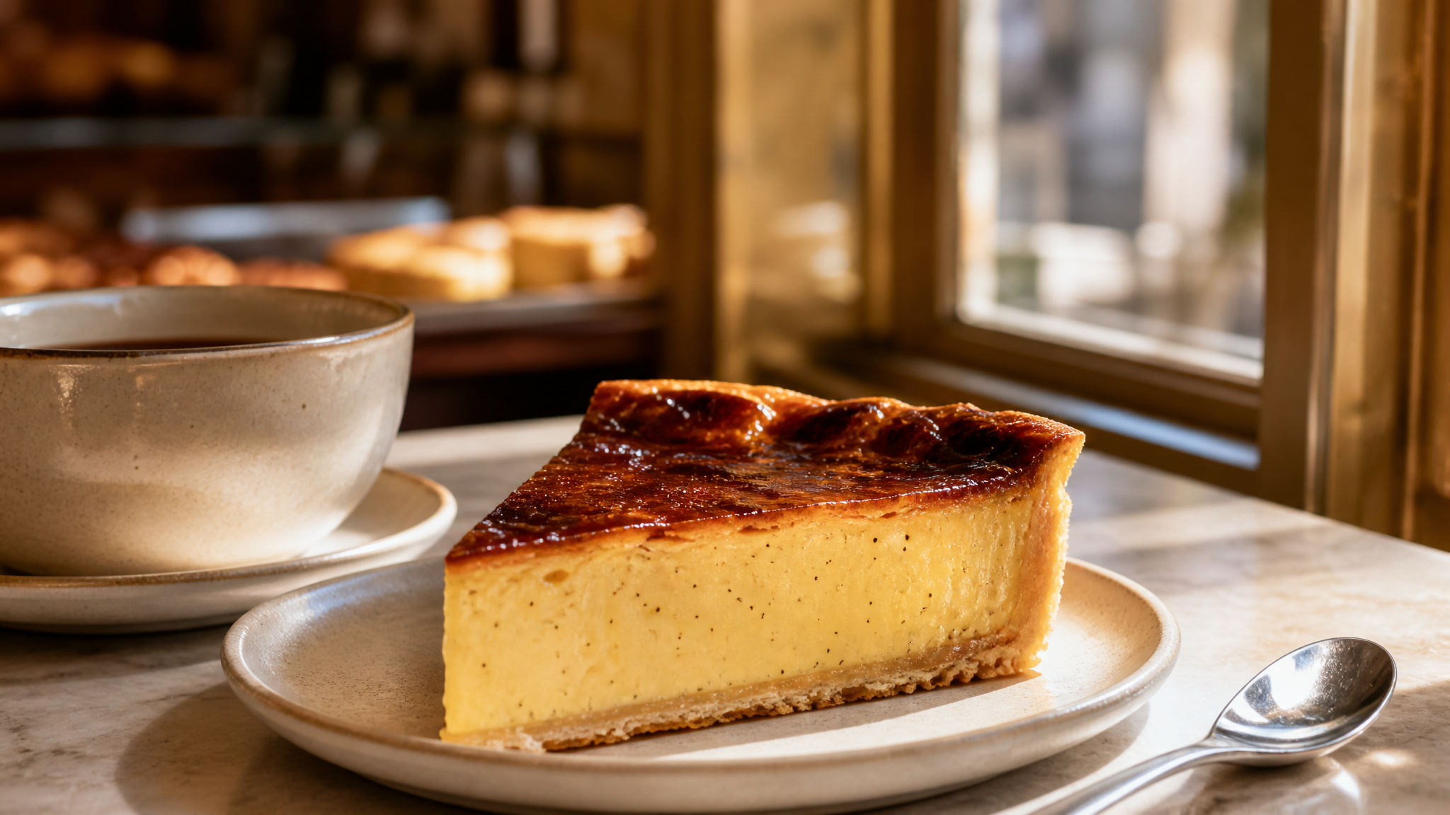 A thick slice of Parisian flan pâtissier with vanilla custard, dark top, and crisp pastry