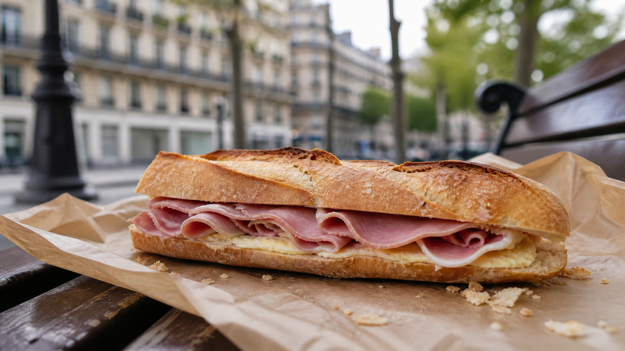 A crisp Paris jambon-beurre sandwich on a bench with baguette, butter, and ham