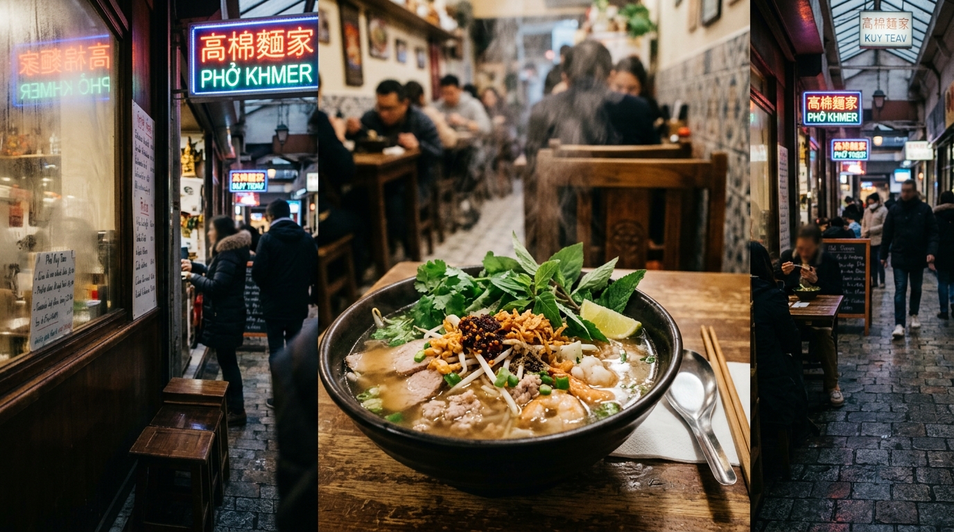 A steaming bowl of Cambodian kuy teav soup with rice noodles, herbs, pork, and seafood in Paris 13th arrondissement
