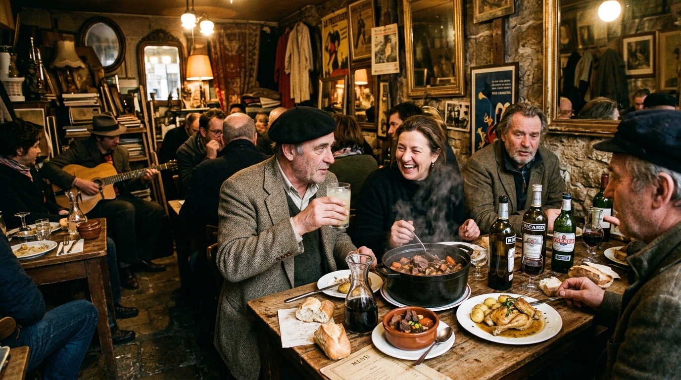 A warm Saint-Ouen flea market bistro with antique dealers, French comfort food, and a jazz guitarist