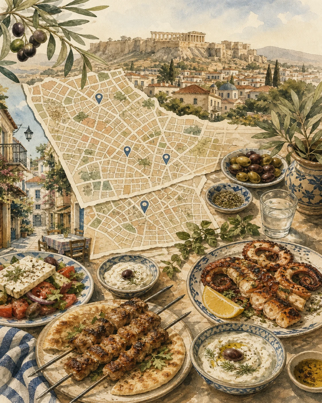 Illustrated Athens food map with Acropolis, souvlaki, meze, grilled octopus, and taverna pins