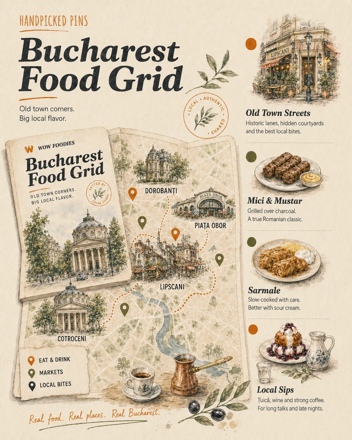 Bucharest food map preview with grill houses, bakeries, beer halls, and wine bars