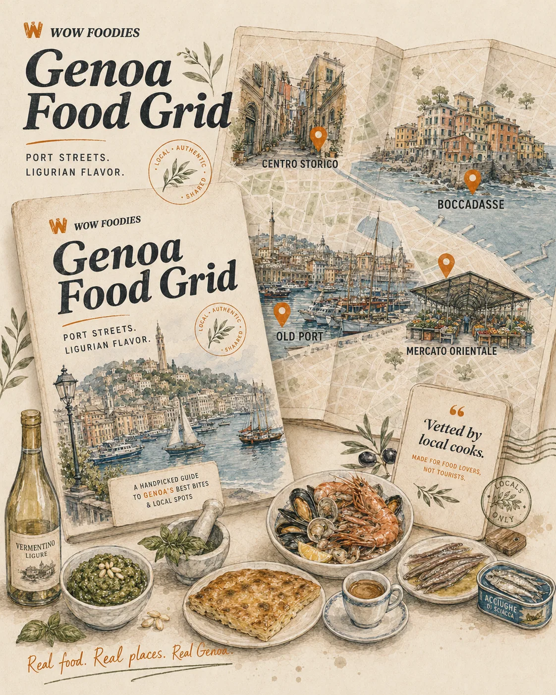 Genoa food map preview with pesto, focaccia, farinata, seafood, and old bakeries