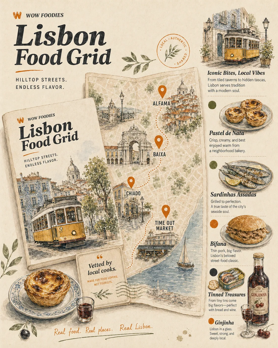 Lisbon food map preview with pastelarias, tascas, seafood counters, and wine bars