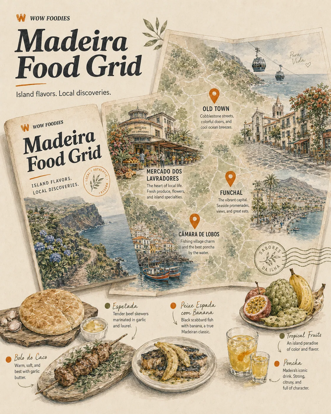 Madeira food map preview with Funchal market, poncha bars, seafood spots, and island bakeries