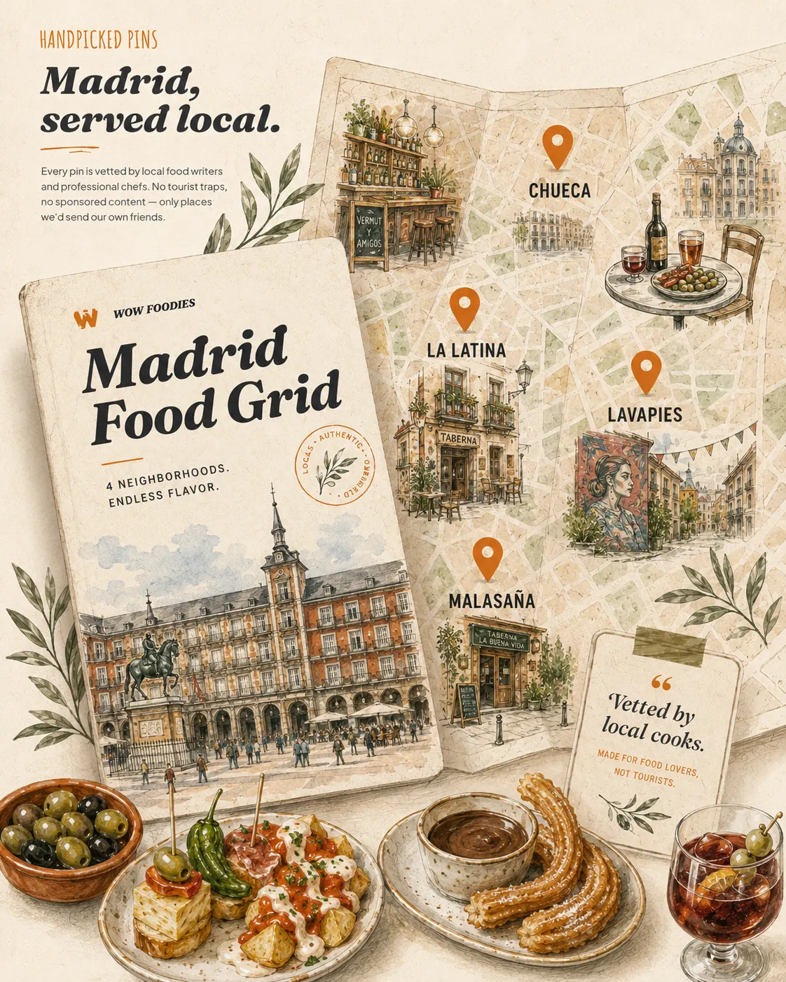 Illustrated Wow Foodies Madrid Food Grid with La Latina, Chueca, Lavapiés, and Malasaña pins