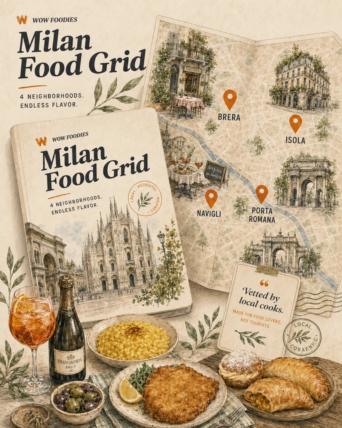 Illustrated Wow Foodies Milan Food Grid with Brera, Isola, Navigli, and Porta Romana pins