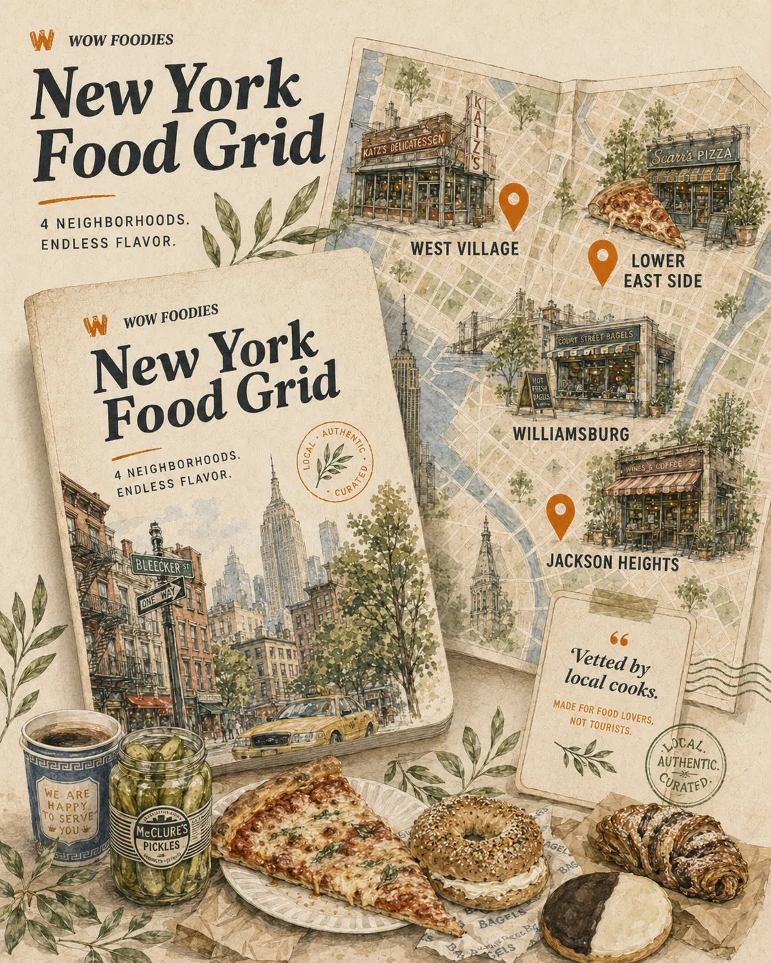 Illustrated Wow Foodies New York Food Grid with West Village, Lower East Side, Williamsburg, and Jackson Heights pins