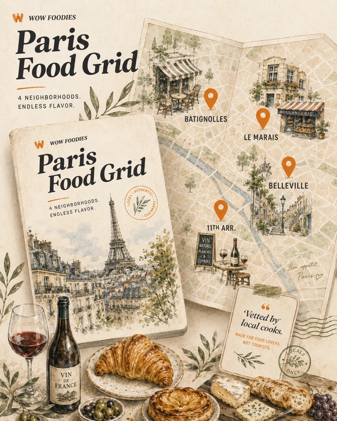 Illustrated Wow Foodies Paris Food Grid with food pins, bistros, wine, cheese, and croissants