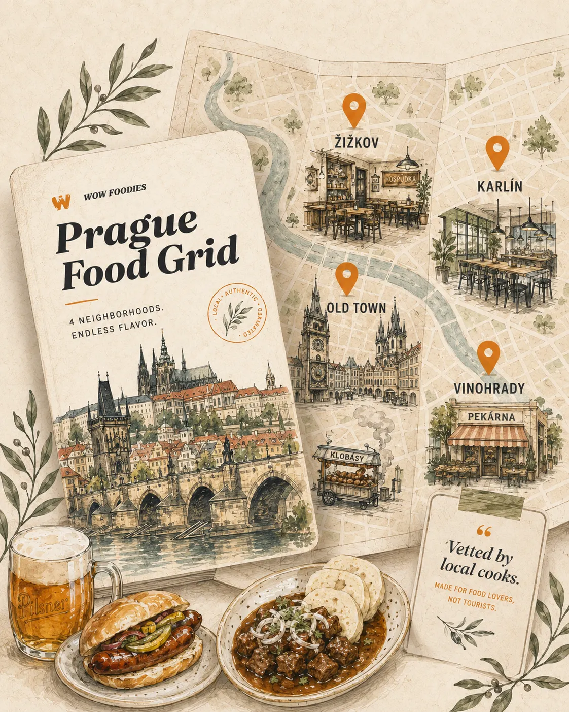 Illustrated Wow Foodies Prague Food Grid with Old Town, Karlín, Žižkov, and Vinohrady pins