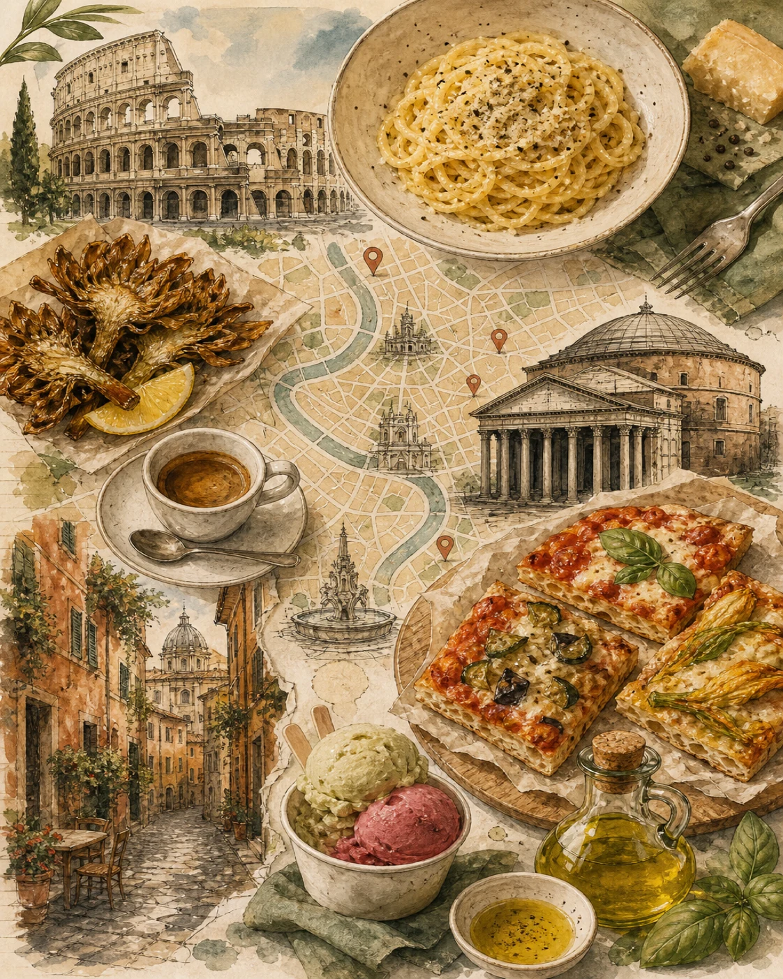 Illustrated Rome food map with Colosseum, Pantheon, carbonara, pizza al taglio, and trattoria pins
