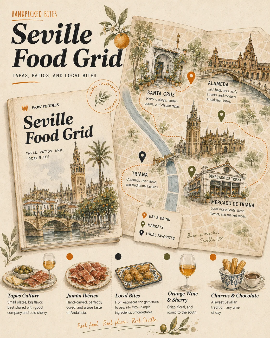 Seville food map preview with tapas bars, sherry stops, jamón counters, and fried fish spots