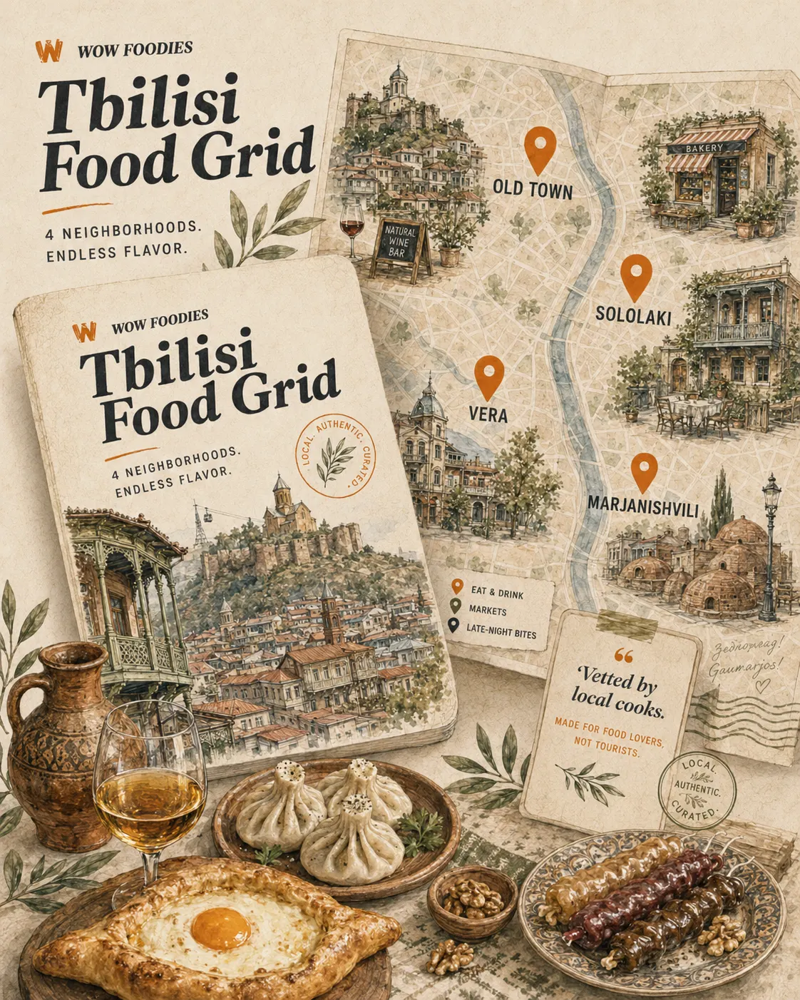 Illustrated Wow Foodies Tbilisi Food Grid with Old Town, Sololaki, Vera, and Marjanishvili pins