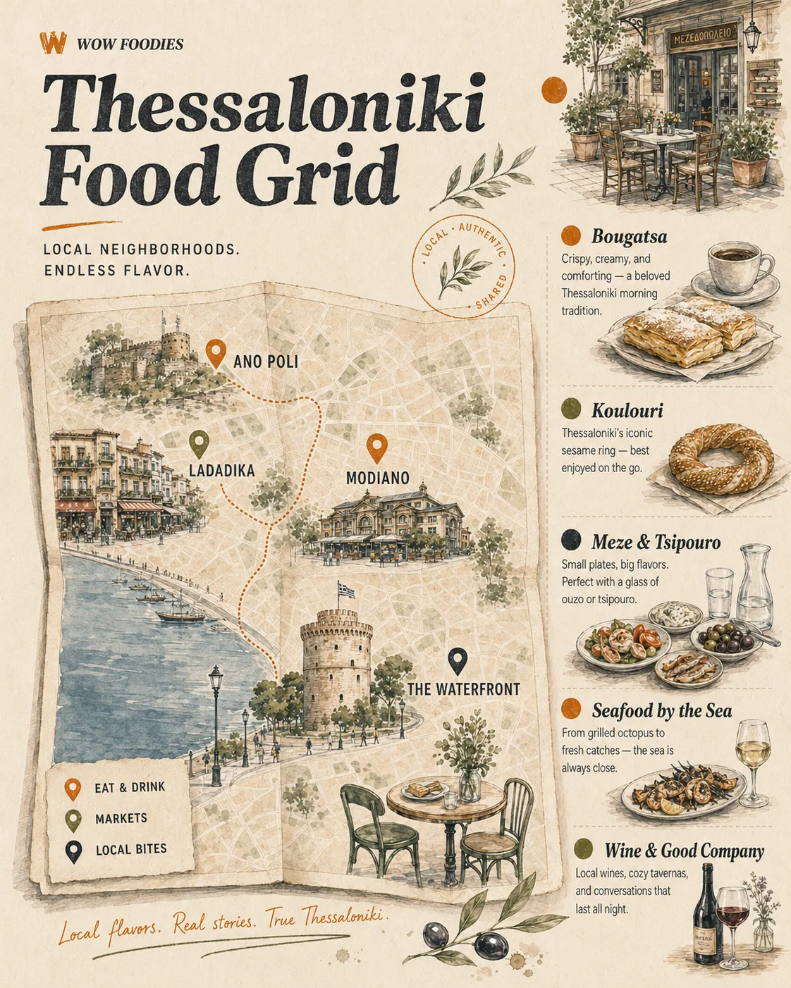 Thessaloniki food map preview with tavernas, bakeries, seafood spots, and meze bars