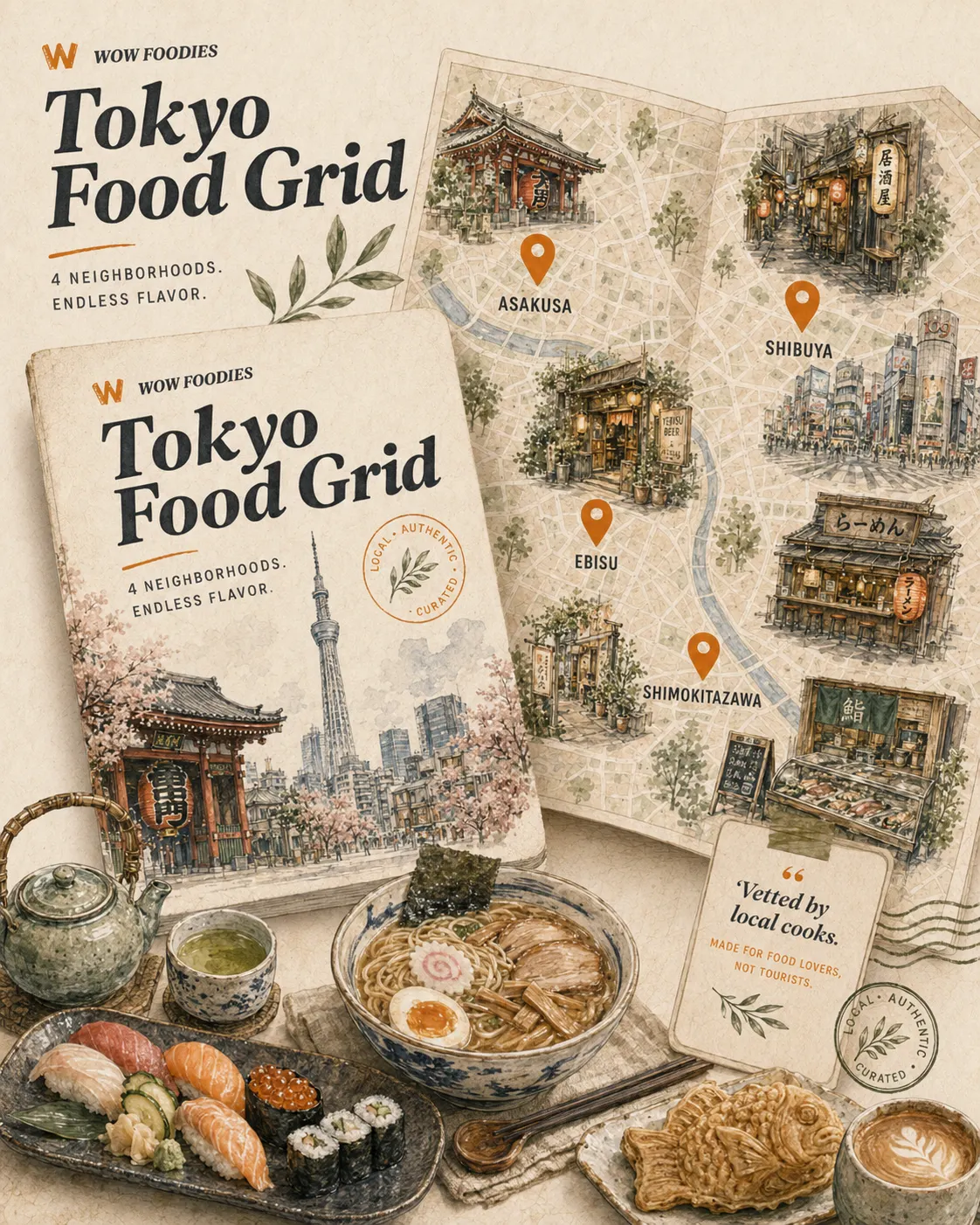 Illustrated Wow Foodies Tokyo Food Grid with Asakusa, Shibuya, Ebisu, and Shimokitazawa pins