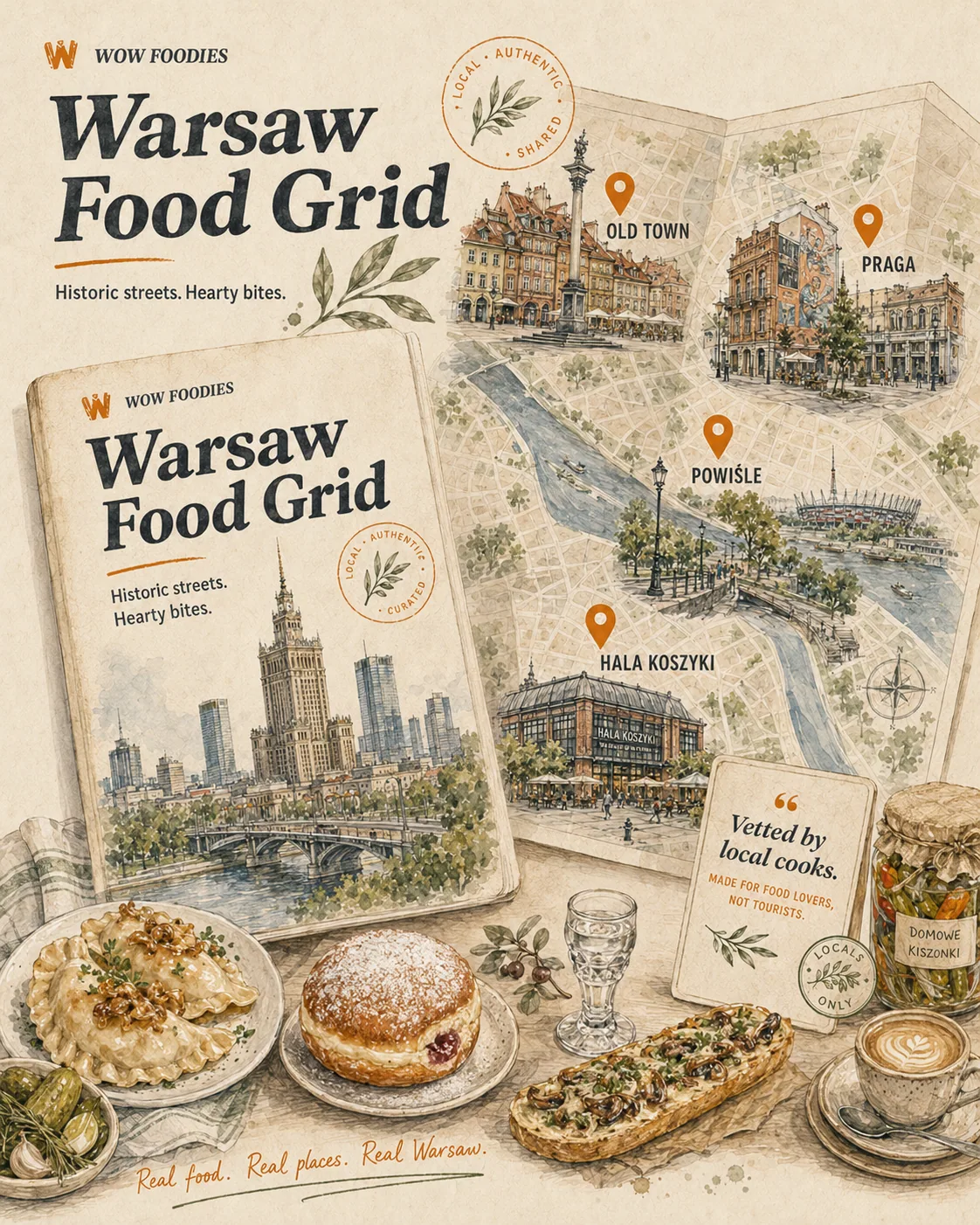 Warsaw food map preview with pierogi bars, milk bars, bakeries, and modern Polish kitchens