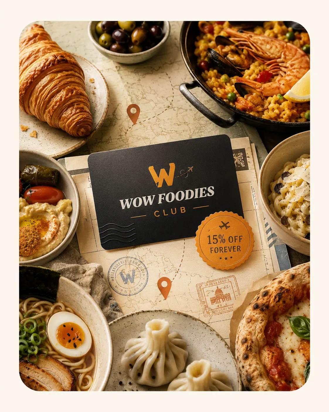 Wow Foodies Club member card surrounded by iconic dishes from around the world