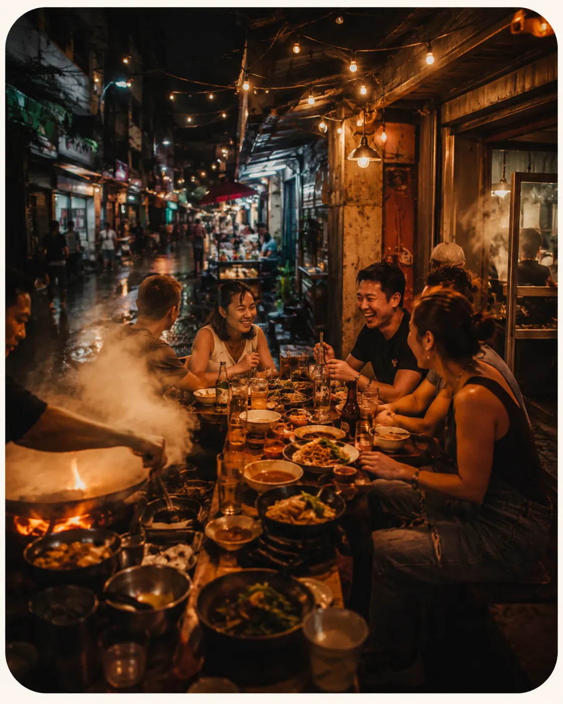 Friends sharing local food at a glowing street table